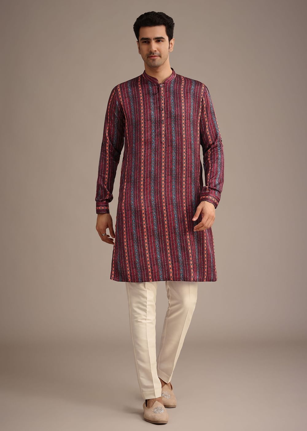 Red Silk Printed Jacket And Kurta Set