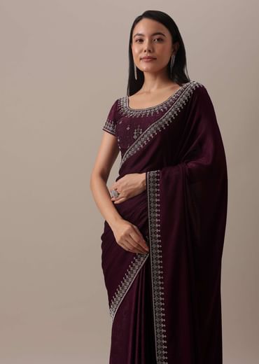 Red Stone Embellished Saree In Satin