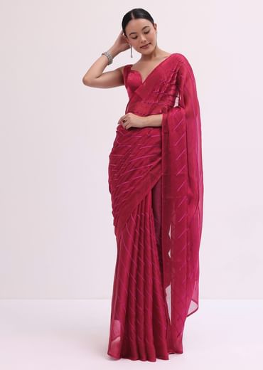 Red Stone Embroidered Saree With Unstitched Blouse