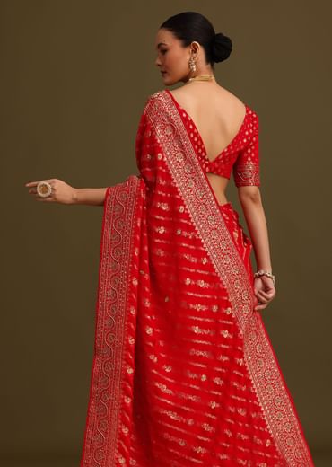 Red Zardosi Embroidered Saree With Unstitched Blouse