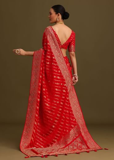 Red Zardosi Embroidered Saree With Unstitched Blouse