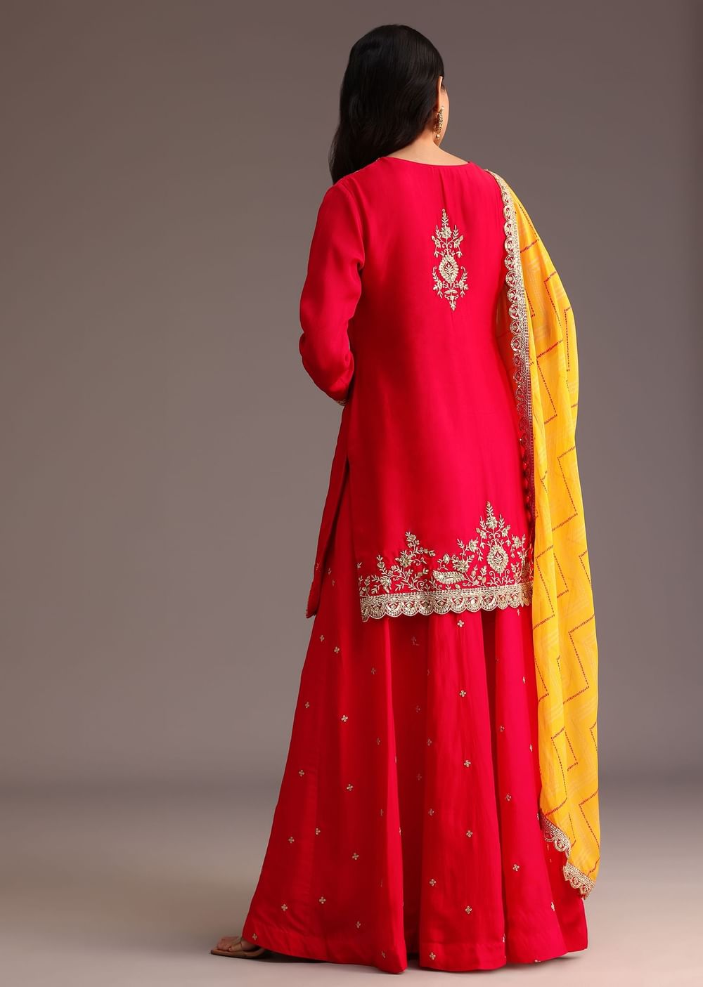 Red Zari Work Kurta Palazzo Suit With Organza Dupatta
