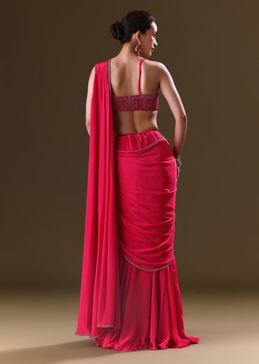 Reddish Pink Pre Stitched Draped Saree With Corset Fit Embroidered Blouse