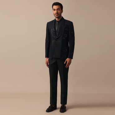 Refined Black Tuxedo Adorned with Intricate All Over Embroidery