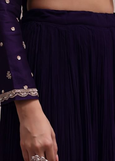 Regal Purple Heavy Zardosi Worked Short Kurta With Palazzo And Net Dupatta Set