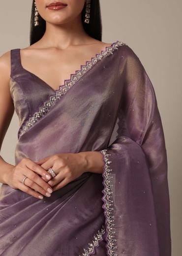 Regal Purple Saree With Mirror and Stone Scallop Border