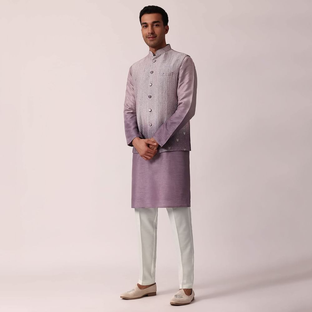 Regal Purple Silk Jacket Kurta Set For Men