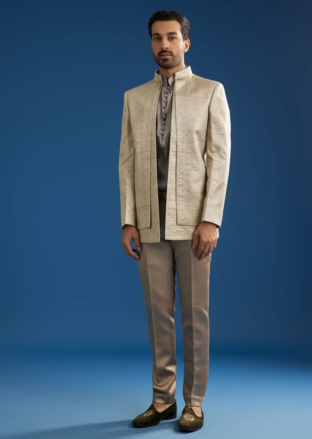 Rose Gold Banarasi Silk Jacket Kurta Set