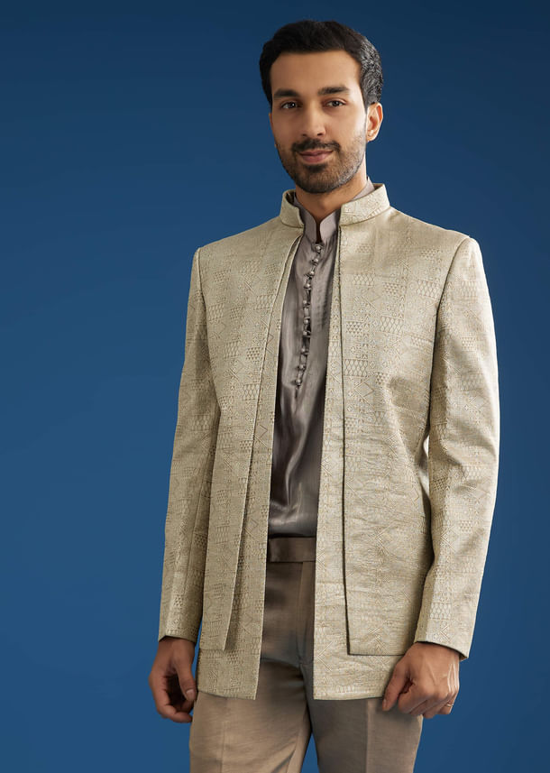 Rose Gold Banarasi Silk Jacket Kurta Set