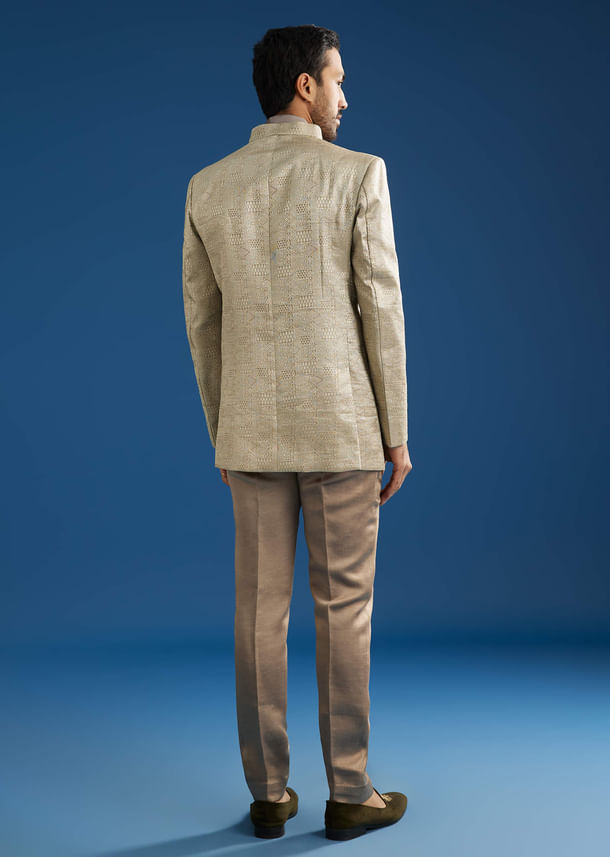 Rose Gold Banarasi Silk Jacket Kurta Set