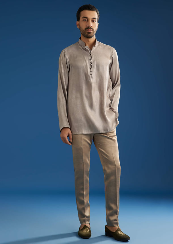 Rose Gold Banarasi Silk Jacket Kurta Set