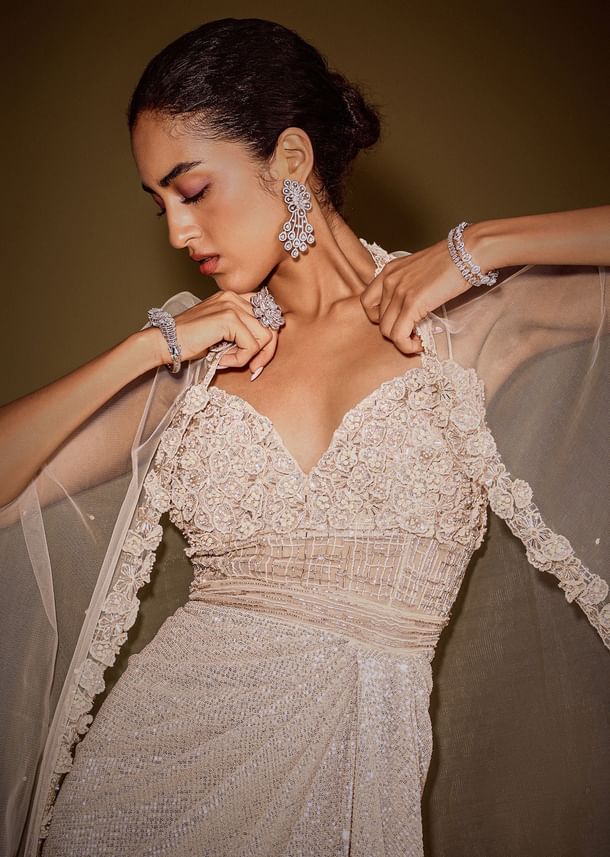 Rose Gold Shimmer Corset Gown With And Embellished Cape