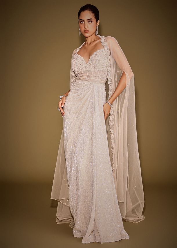 Rose Gold Shimmer Corset Gown With And Embellished Cape