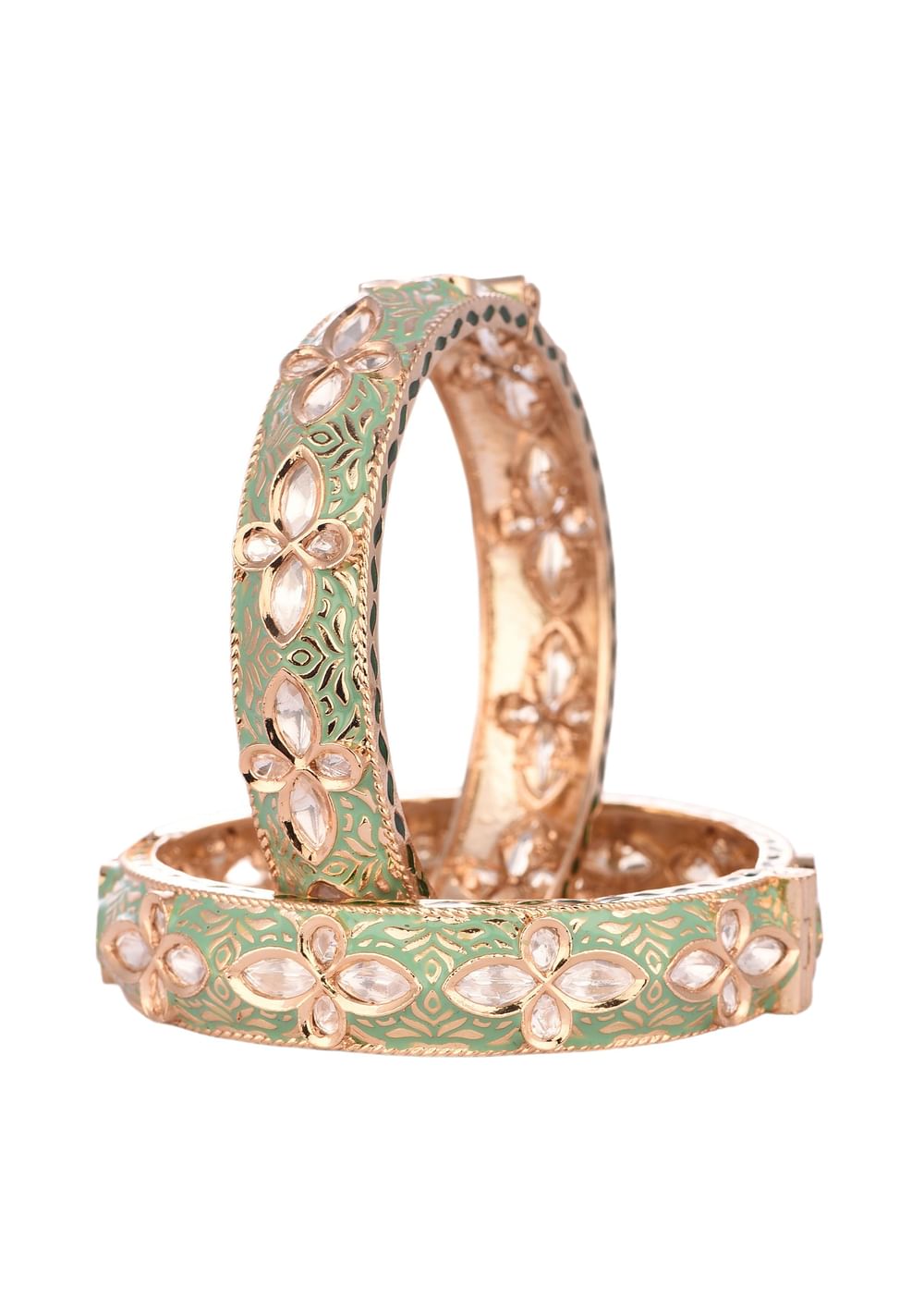 Rose Gold And Mint Green Kundan Polki Bangles In Mix Metal