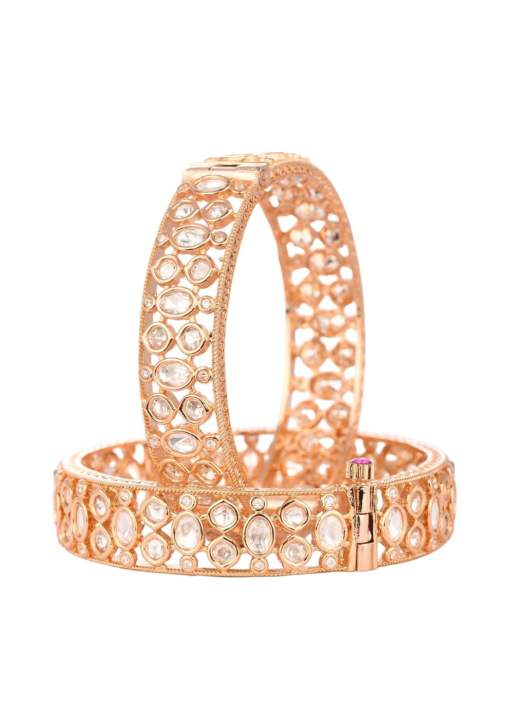 Rose Gold Mixed Metal Bangles In Kundan Polki