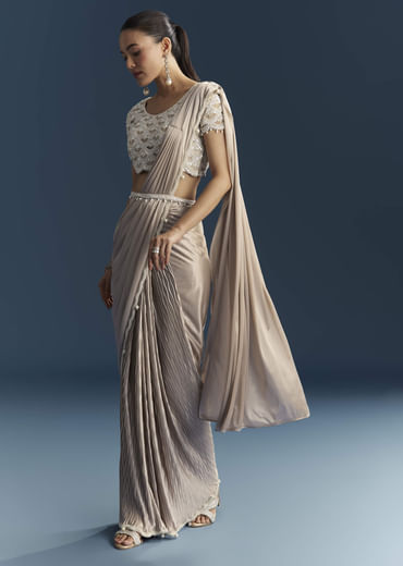 Rose Gold Ready Pleated Saree With Moti Work
