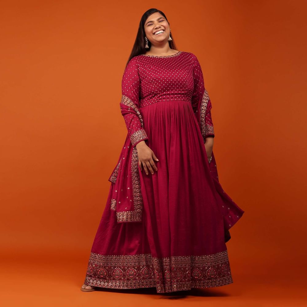 Rose Red Anarkali Suit In Georgette With Zari And Multi-Colored Resham Embroidery