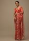 Rose Red Embroidered Saree In Organza With Vibrant Floral Print