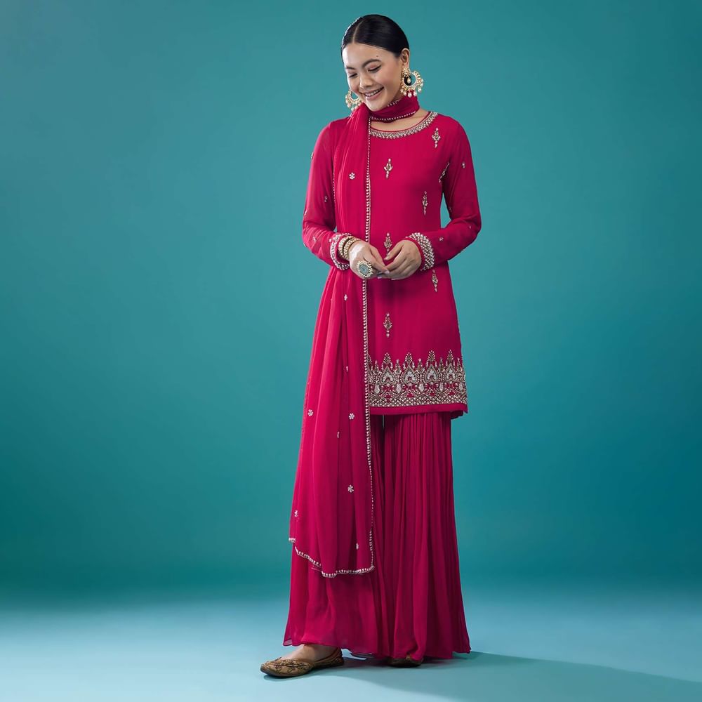 Hot Pink Chiffon Embroidered Sharara Set