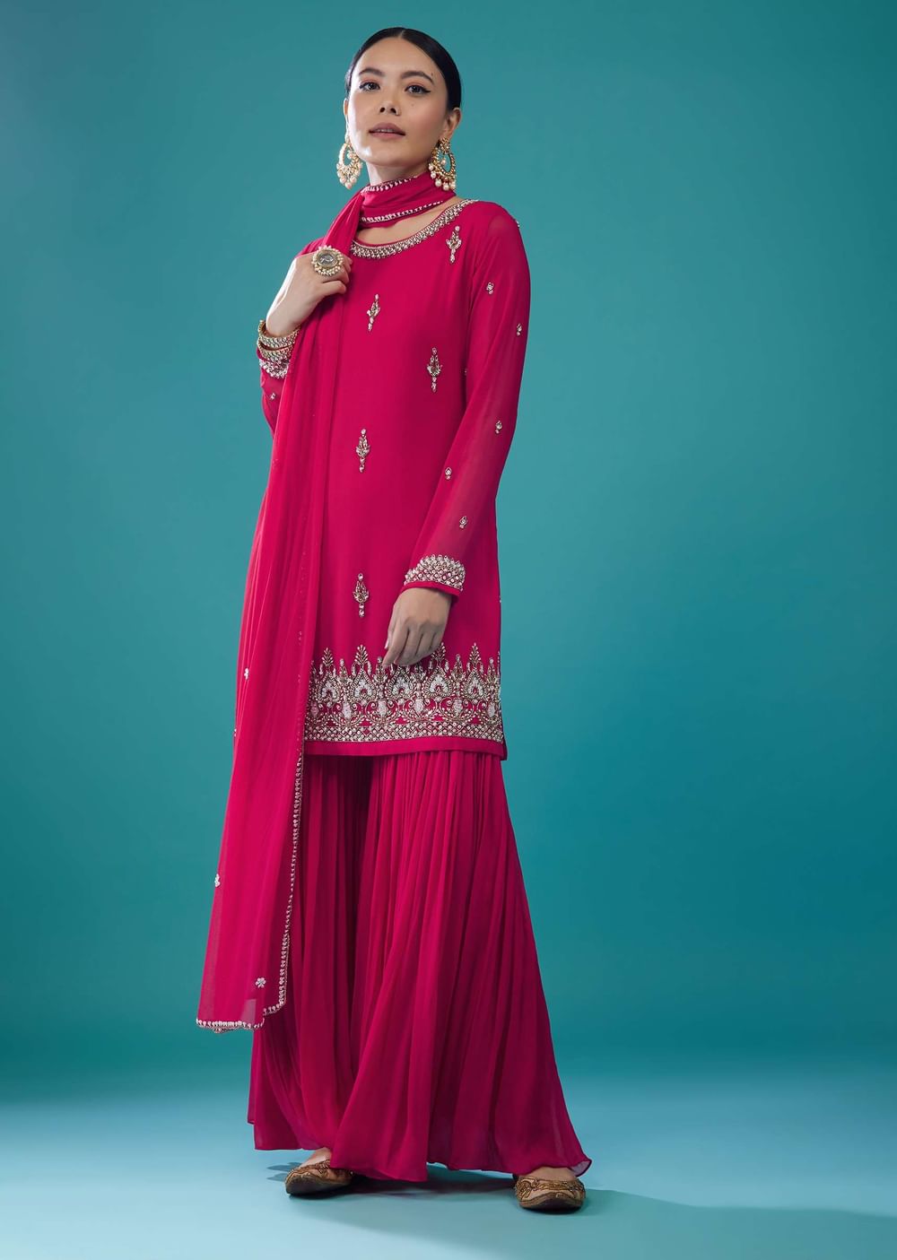 Hot Pink Chiffon Embroidered Sharara Set
