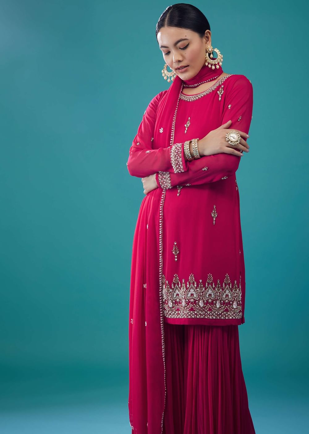 Hot Pink Chiffon Embroidered Sharara Set