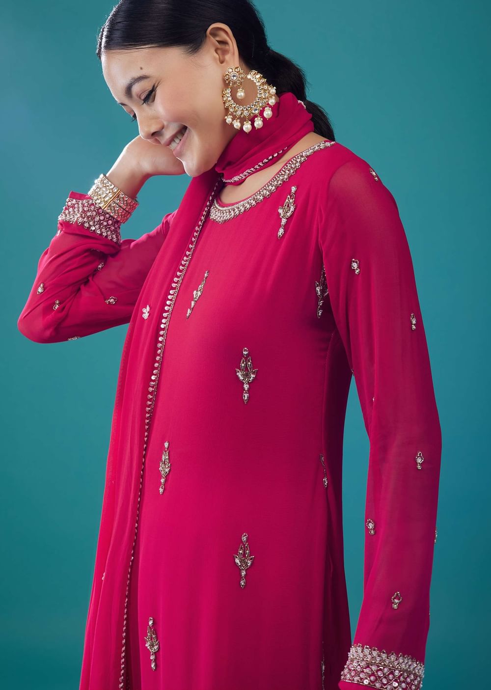 Hot Pink Chiffon Embroidered Sharara Set