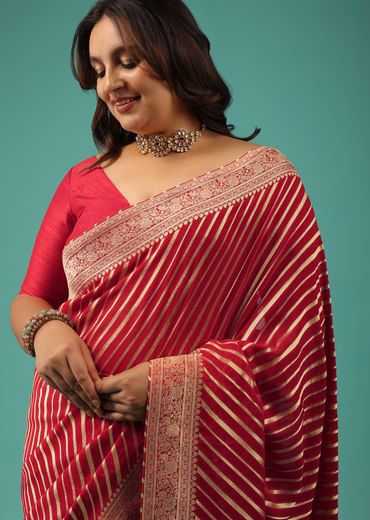 Rose Red Georgette Saree With Brocade Woven Diagonal Stripes And Floral Border