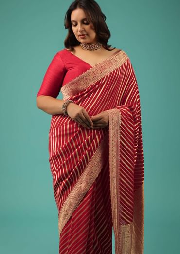 Rose Red Georgette Saree With Brocade Woven Diagonal Stripes And Floral Border