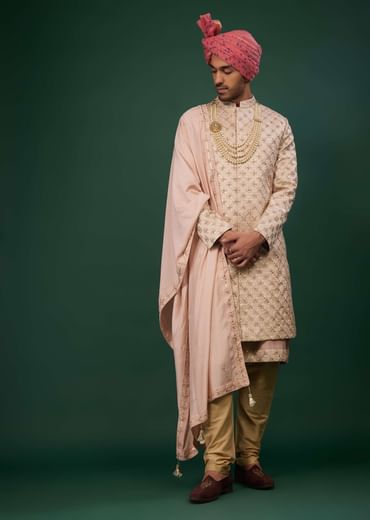 Powder Pink Raw Silk Sherwani Set With Embroidery