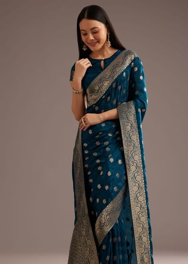 Royal Blue Jaquard Silk Saree With Zari Butti And Brocade Border