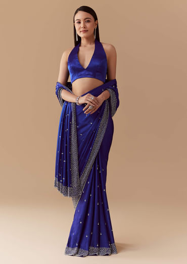 Royal Blue Mirror Embellished Saree with Unstitched Blouse