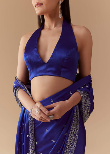 Royal Blue Mirror Embellished Saree with Unstitched Blouse