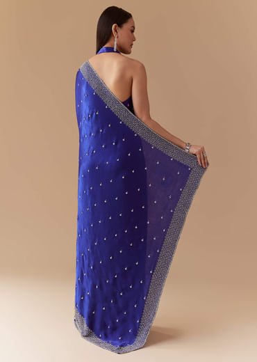 Royal Blue Mirror Embellished Saree with Unstitched Blouse