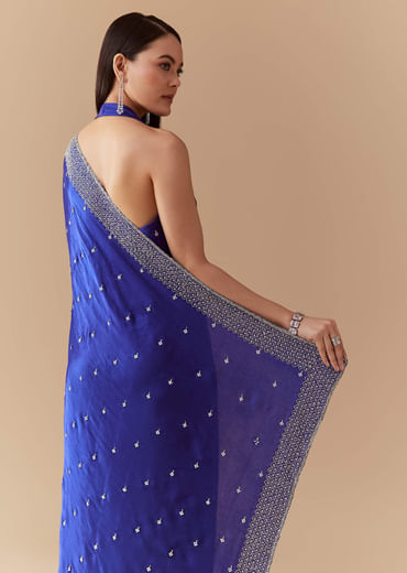 Royal Blue Mirror Embellished Saree with Unstitched Blouse