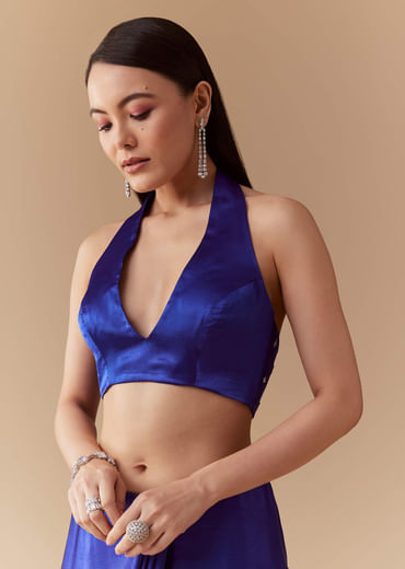 Royal Blue Mirror Embellished Saree with Unstitched Blouse