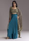 Royal Blue Printed Crop Top Skirt Set With Ajrakh Cape