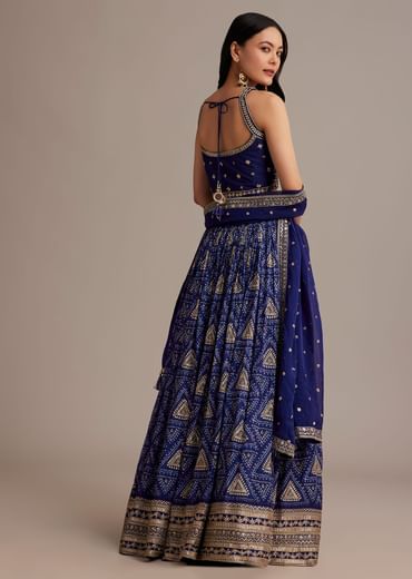Royal Blue Bandhani Lehenga Set With Zari Butti And Sequins Work