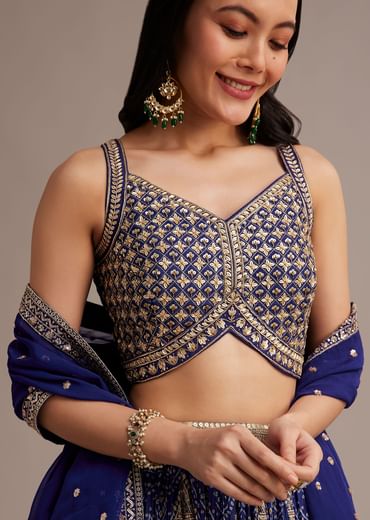 Royal Blue Bandhani Lehenga Set With Zari Butti And Sequins Work