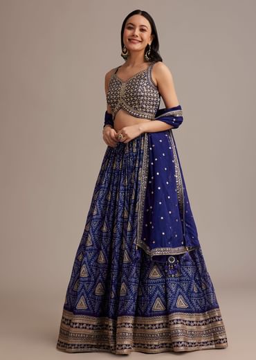 Royal Blue Bandhani Lehenga Set With Zari Butti And Sequins Work