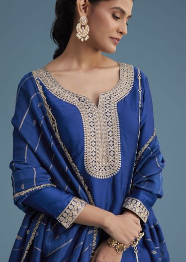 Royal Blue Silk Palazzo Set With Zari And Sequins Work