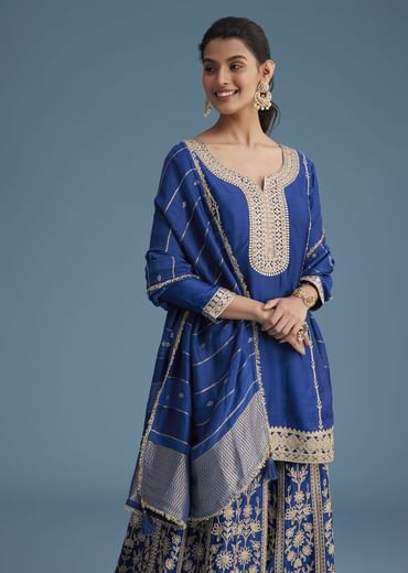 Royal Blue Silk Palazzo Set With Zari And Sequins Work