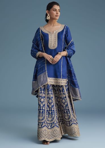 Royal Blue Silk Palazzo Set With Zari And Sequins Work