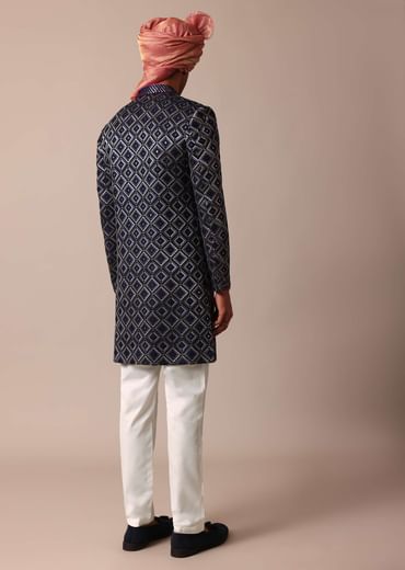 Royal Blue Silk Sherwani With Intricate Neckline Embroidery