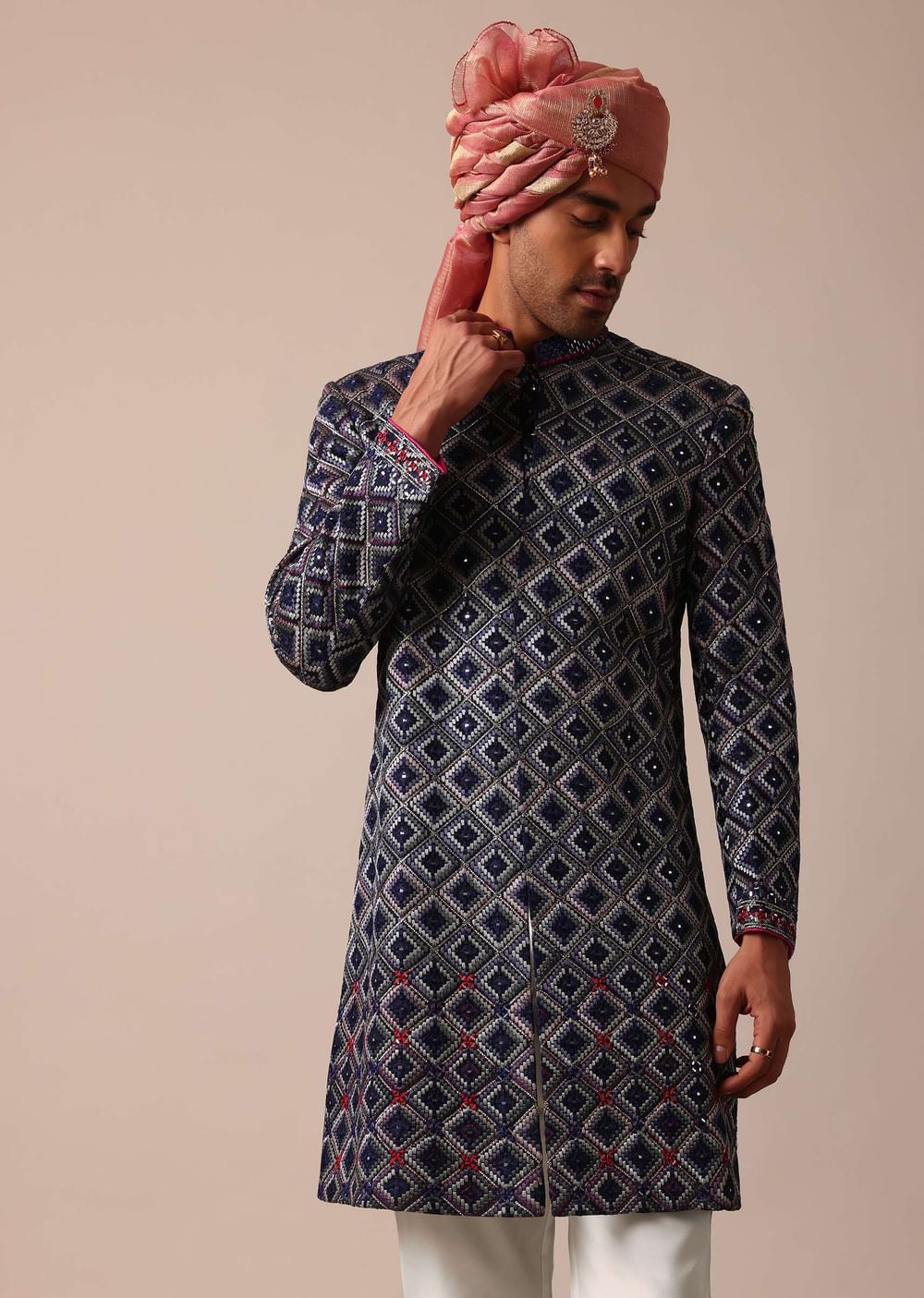 Royal Blue Silk Sherwani With Intricate Neckline Embroidery