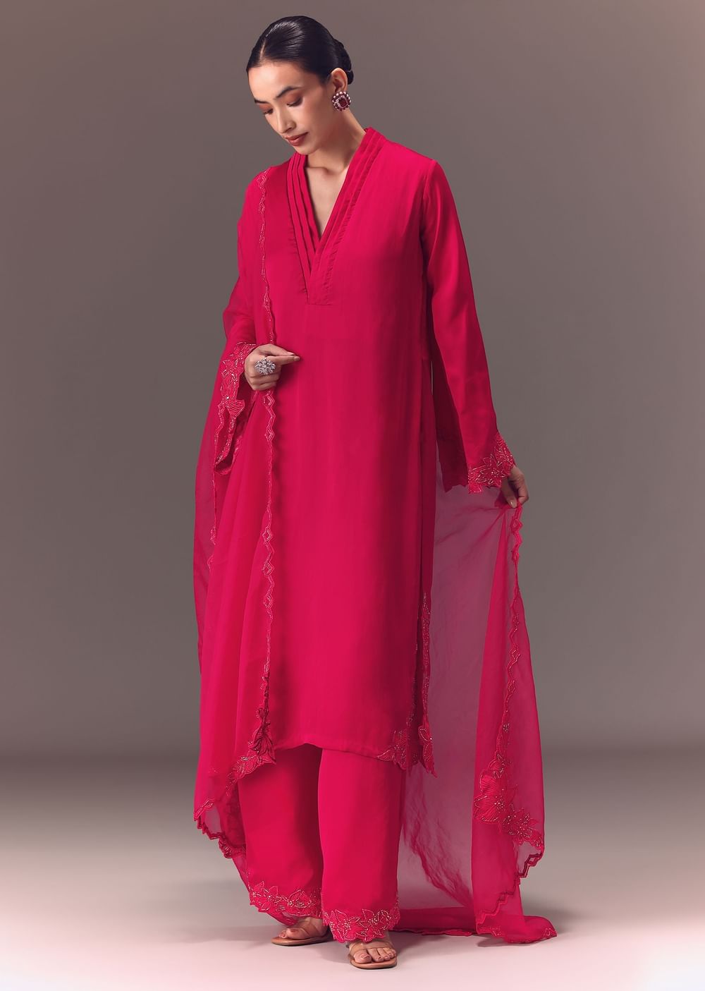 Ruby Pink Organza Kurta Set With Bell Sleeves