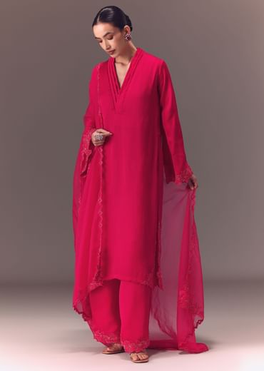 Ruby Pink Organza Kurta Set With Bell Sleeves