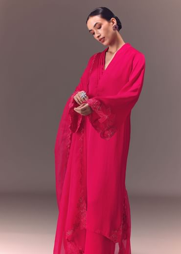 Ruby Pink Organza Kurta Set With Bell Sleeves