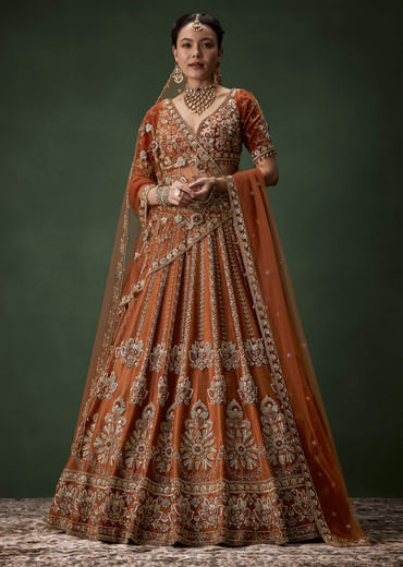 Rust Bridal Raw Silk Embellished Lehenga Set with Two Dupattas