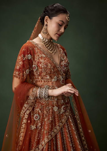 Rust Bridal Raw Silk Embellished Lehenga Set with Two Dupattas