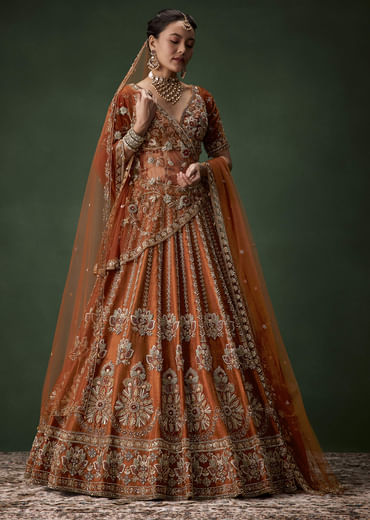 Rust Bridal Raw Silk Embellished Lehenga Set with Two Dupattas
